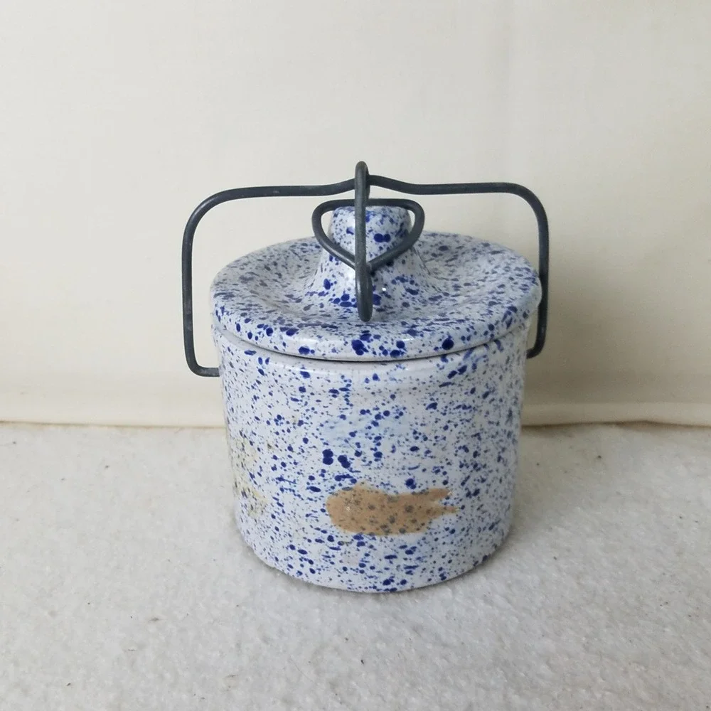 Stoneware Crock Small Blue Spatterware Lid Wire Handle vintage Farmcore butter
